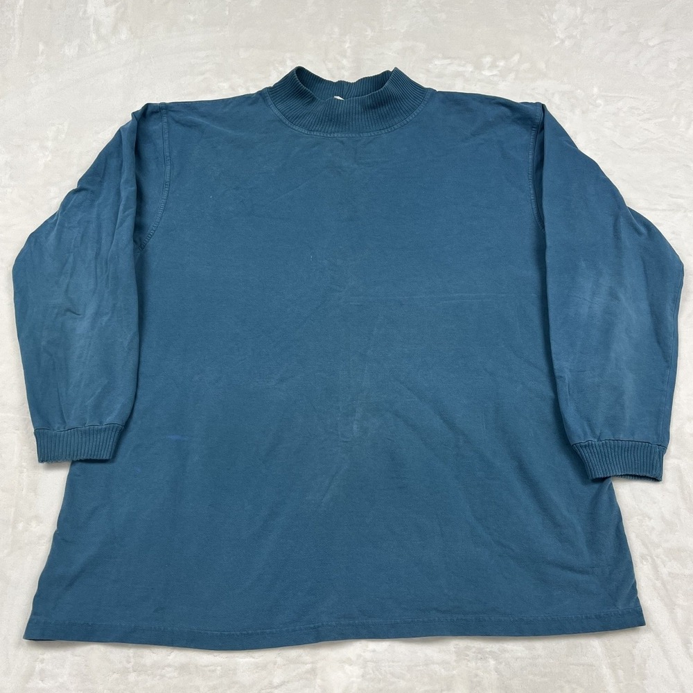 LL Bean Mock Neck Top Womens XL Blue Long Sleeve Ribbed Cotton Lycra USA Made